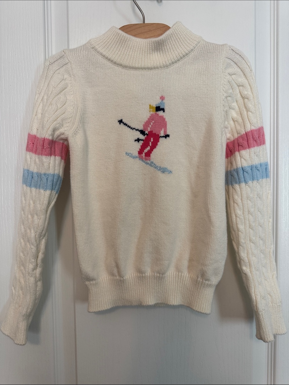 Janie and Jack Girls Sz 6 Cream Cable-Knit Sweater with Pink & Blue Ski Motif